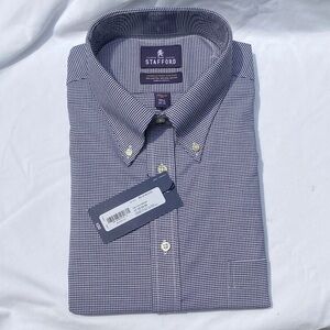 Stafford Men's Navy Houndstooth Checkered Long-Sleeved Dress Shirt 17 1/2 34-35